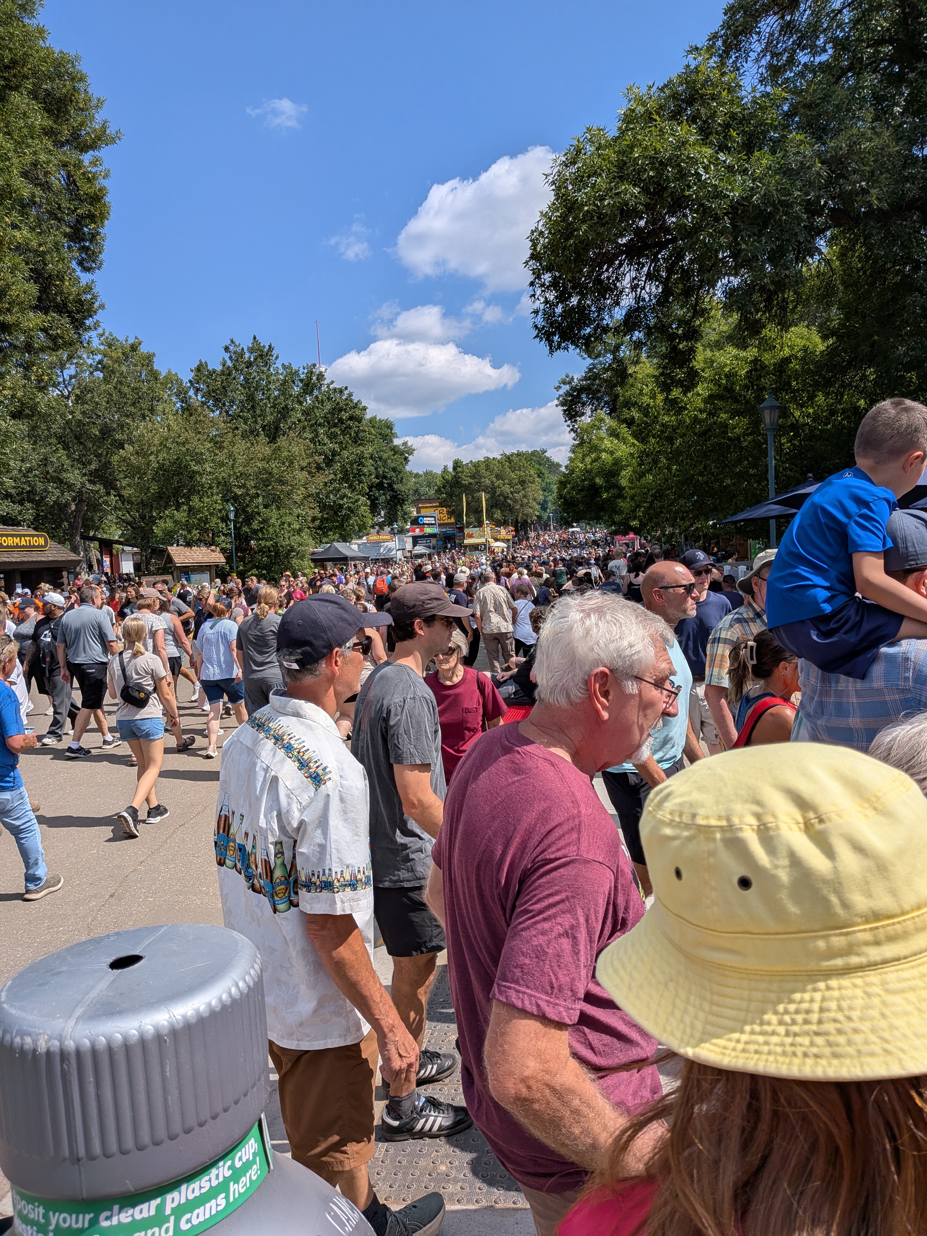Blue sky, green trees and a sea of people at the opening day of the Minnesota State Fair.